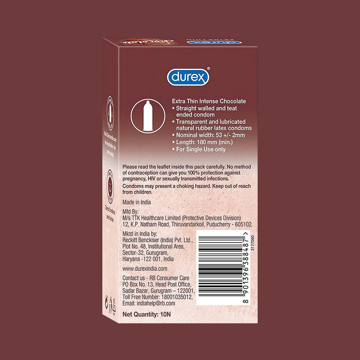 Durex Extra Thin Intense Chocolate Flavoured - 10 Condoms, (1 Pack of 10s)