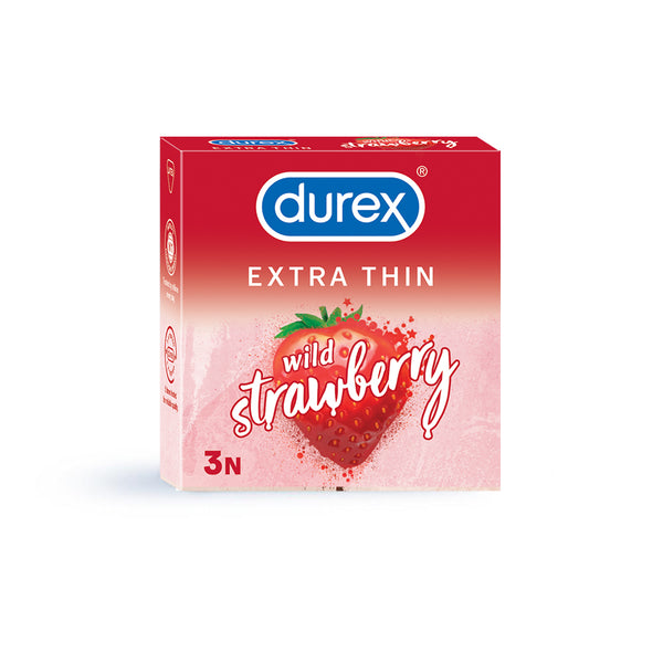 Durex Extra Thin Wild Strawberry Flavoured - 3 Condoms, (1 Pack of 3s)