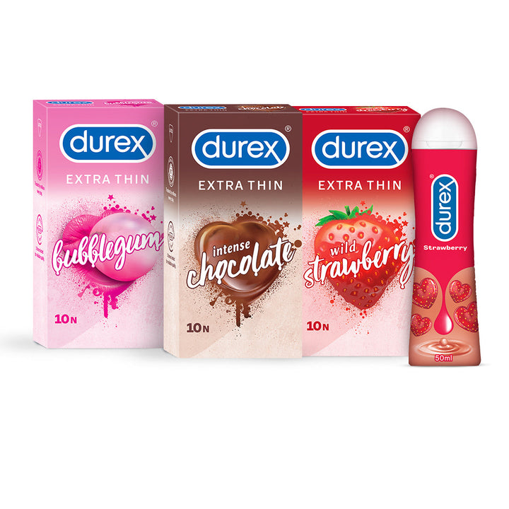 Durex Thin Flavours (10 pack of chocolate, bubblegum, strawberry) + Strawberry Lube